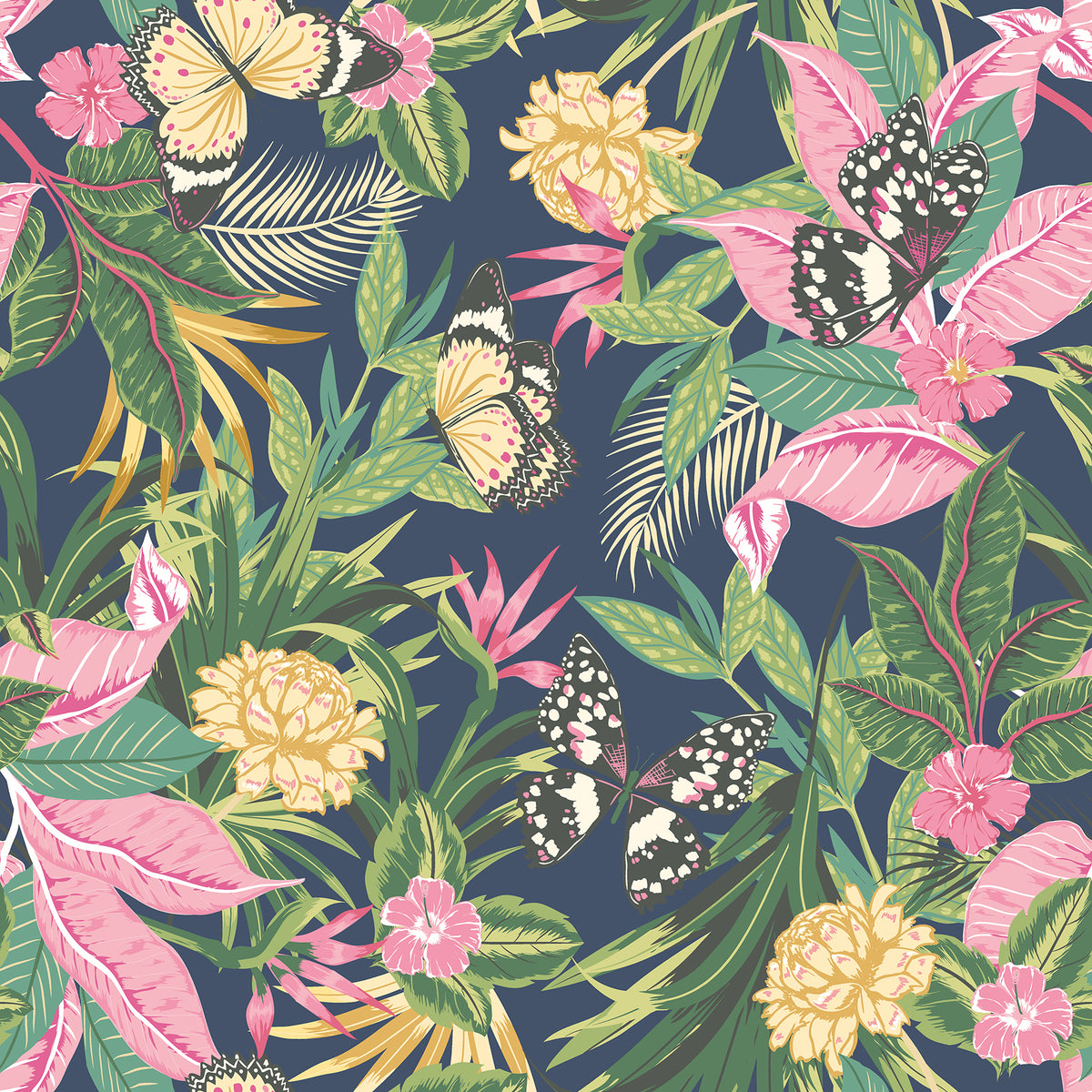 Paradise Indigo and Pink Peel and Stick Wallpaper by Hoopla Walls