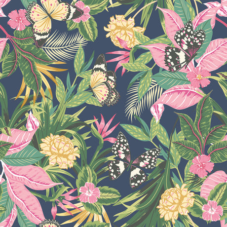 Paradise Indigo and Pink Peel and Stick Wallpaper by Hoopla Walls