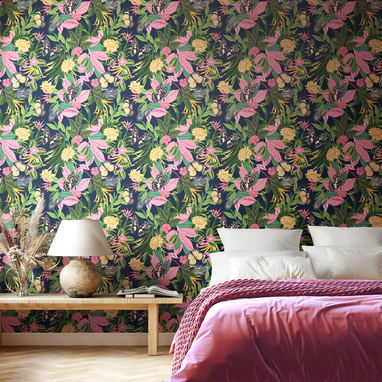 Paradise Indigo and Pink by Hoopla Walls Tropical Botanical Butterfly Peel and Stick Fully Removable Non-Woven Wallpaper - HWA1195PU