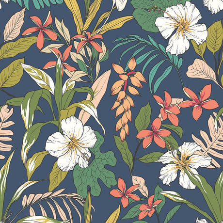 Oasis Navy Twist Peel and Stick Wallpaper by Hoopla Walls - Deep Blue White and Orange Tropical Botanical Floral Pattern - HWA1203PU