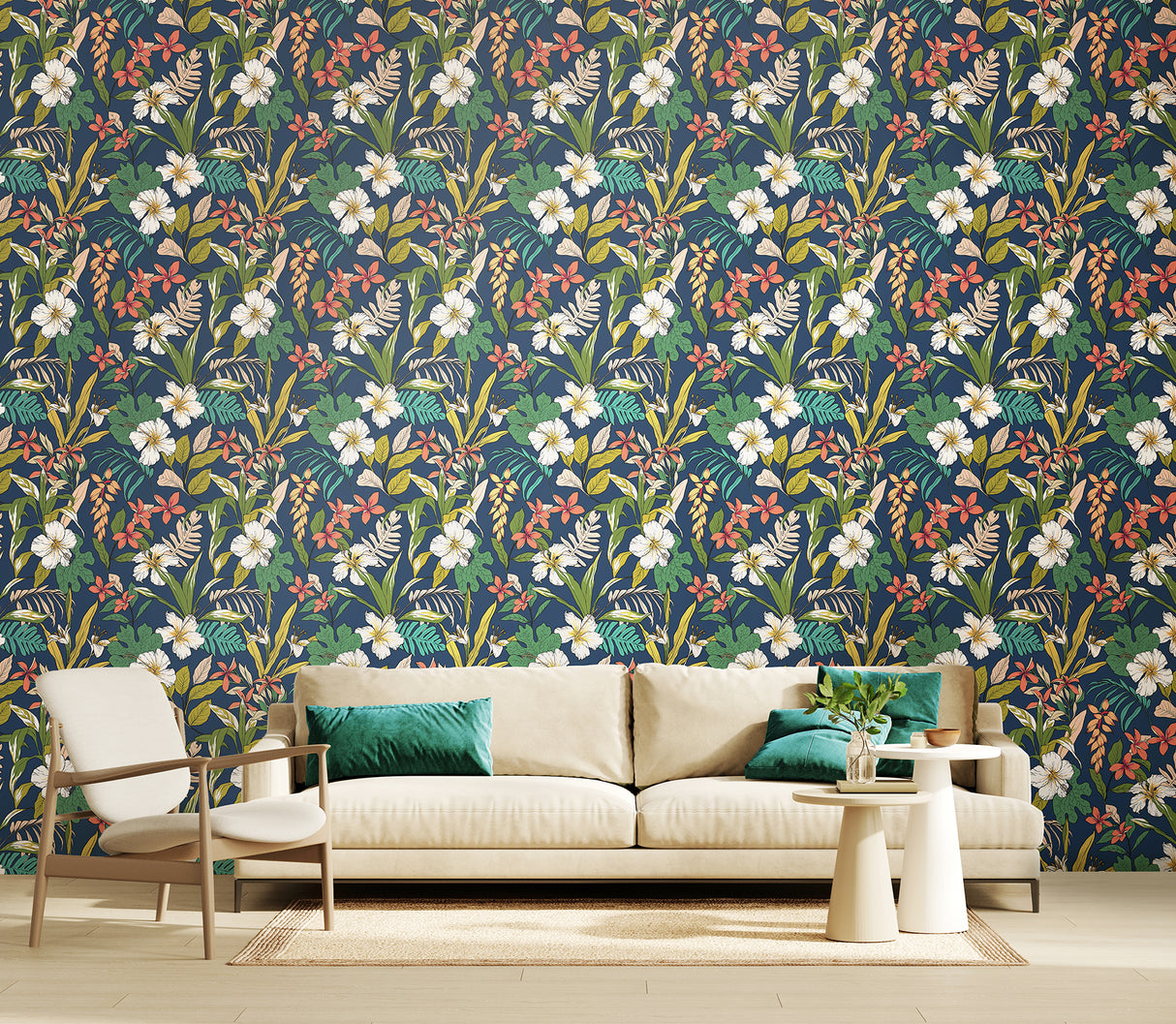 Oasis Navy Twist by Hoopla Walls Deep Blue White and Orange Tropical Botanical Floral Peel and Stick Wallpaper Roll 19.7in x 18ft - HWA1203PU
