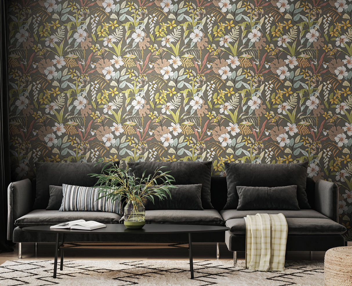 Oasis Mink & Sage by Hoopla Walls Modern Botanical Tropical Floral Peel and Stick Non-Woven Wallpaper, Fully Removable and Repositionable - HWA1209PU
