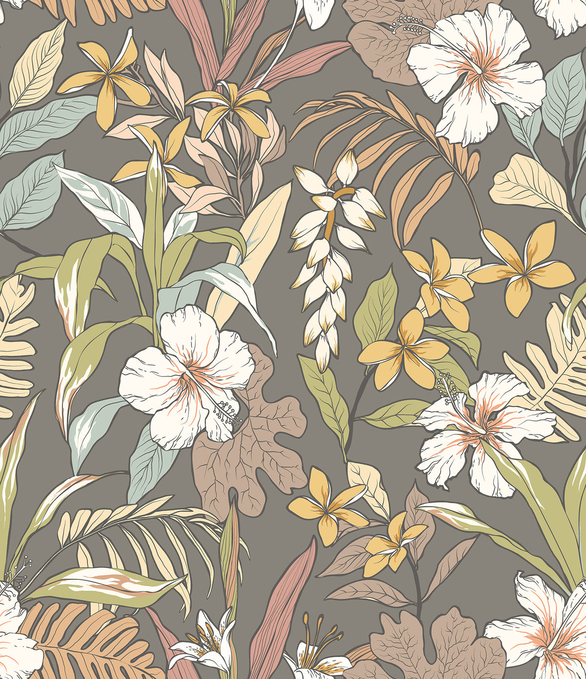 Oasis Mink & Sage Peel and Stick Wallpaper by Hoopla Walls featuring tropical botanical florals on a mink taupe background - HWA1209PU