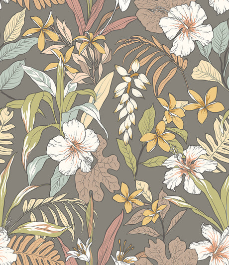 Oasis Mink & Sage Peel and Stick Wallpaper by Hoopla Walls featuring tropical botanical florals on a mink taupe background - HWA1209PU