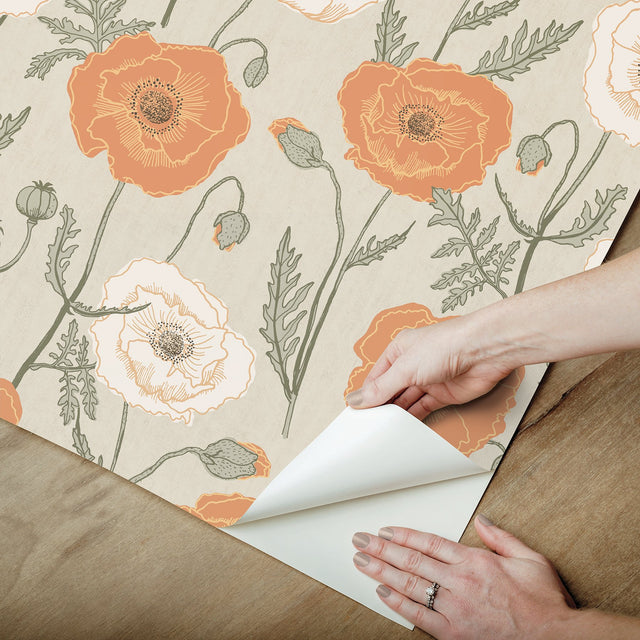 Poppy Field Spice Peel & Stick Wallpaper with Bohemian Botanical Floral Pattern - NuWallpaper JHS5026