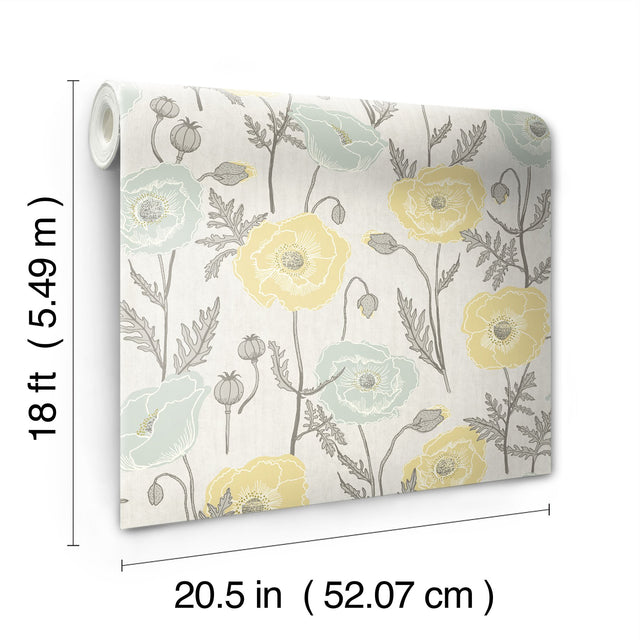 Poppy Field Aqua Peel & Stick Wallpaper with Bohemian Botanical Flower Pattern - Brewster JHS5027