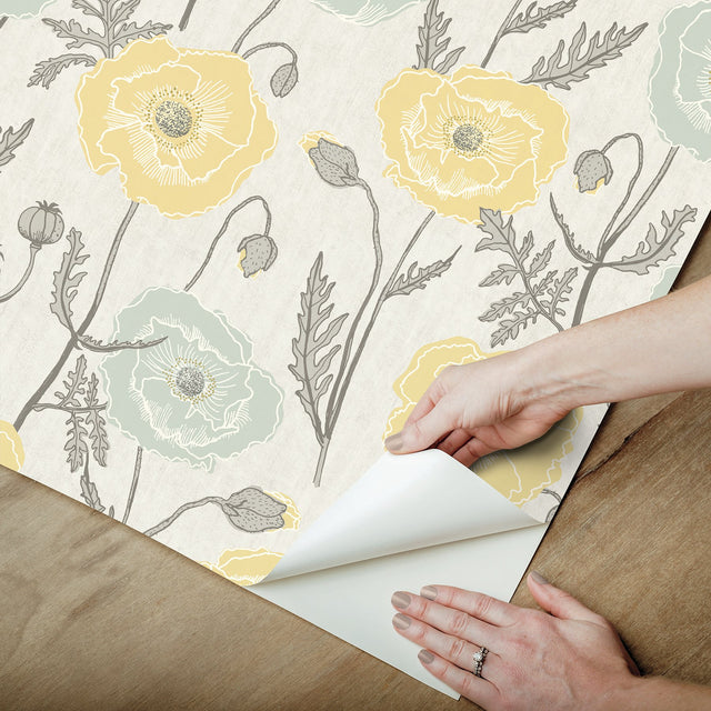Poppy Field Aqua Peel & Stick Wallpaper with Bohemian Botanical Flower Pattern - Brewster JHS5027