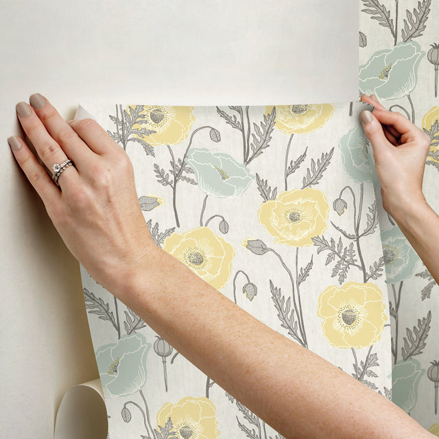 Poppy Field Aqua Peel & Stick Wallpaper with Bohemian Botanical Flower Pattern - Brewster JHS5027