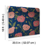 Poppy Field Navy Pink Peel & Stick Wallpaper with Bohemian Botanical Floral - NuWallpaper JHS5028