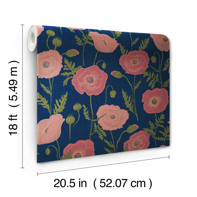Poppy Field Navy Pink Peel & Stick Wallpaper with Bohemian Botanical Floral - NuWallpaper JHS5028