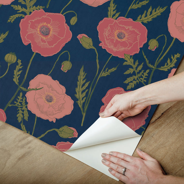 Poppy Field Navy Pink Peel & Stick Wallpaper with Bohemian Botanical Floral - NuWallpaper JHS5028