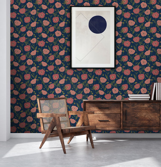 Poppy Field Navy Pink Peel & Stick Wallpaper with Bohemian Botanical Floral - NuWallpaper JHS5028