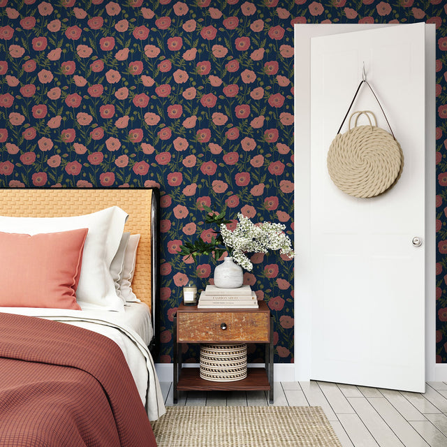 Poppy Field Navy Pink Peel & Stick Wallpaper with Bohemian Botanical Floral - NuWallpaper JHS5028