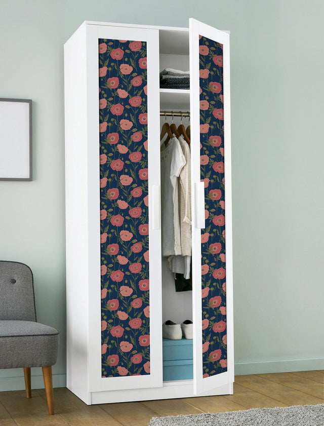 Poppy Field Navy Pink Peel & Stick Wallpaper with Bohemian Botanical Floral - NuWallpaper JHS5028