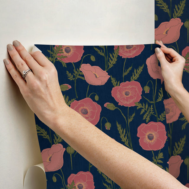 Poppy Field Navy Pink Peel & Stick Wallpaper with Bohemian Botanical Floral - NuWallpaper JHS5028