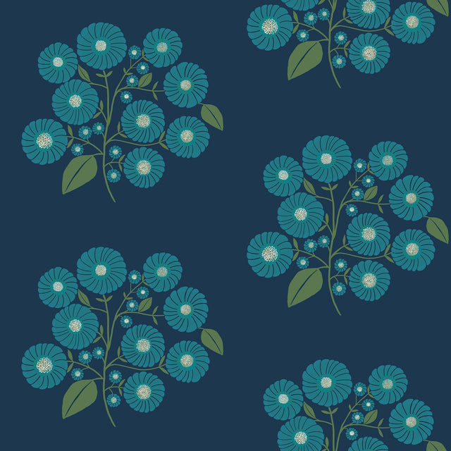 StrawFlower Navy Aqua Peel & Stick Wallpaper with Botanical Bohemian Floral Pattern - NuWallpaper JHS5030