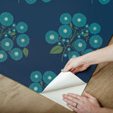 StrawFlower Navy Aqua Peel & Stick Wallpaper with Botanical Bohemian Floral Pattern - NuWallpaper JHS5030