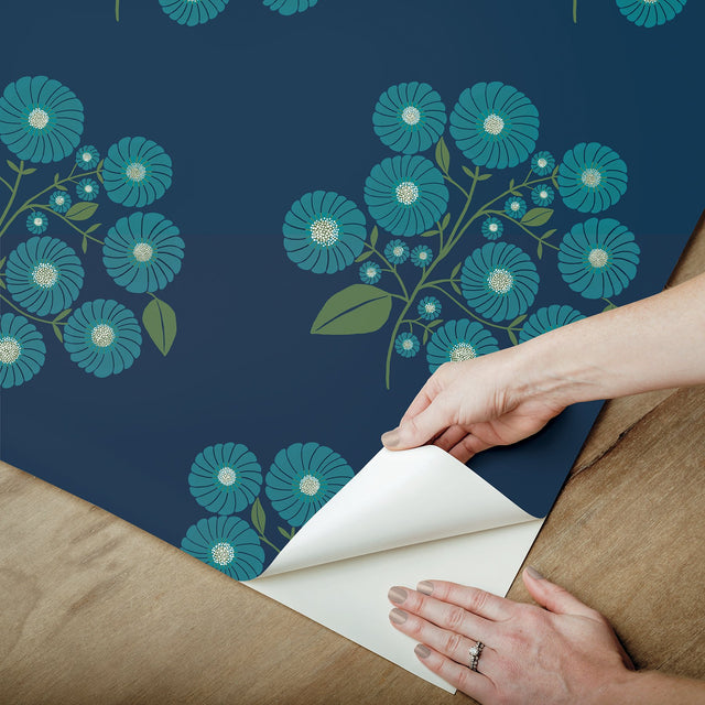 StrawFlower Navy Aqua Peel & Stick Wallpaper with Botanical Bohemian Floral Pattern - NuWallpaper JHS5030