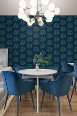 StrawFlower Navy Aqua Peel & Stick Wallpaper with Botanical Bohemian Floral Pattern - NuWallpaper JHS5030