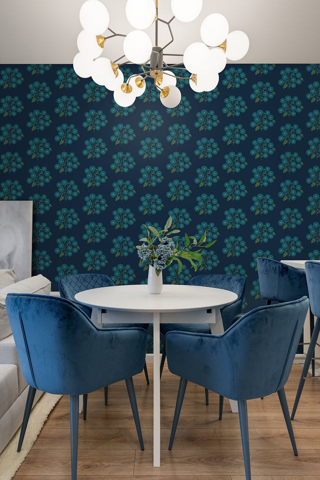 StrawFlower Navy Aqua Peel & Stick Wallpaper with Botanical Bohemian Floral Pattern - NuWallpaper JHS5030
