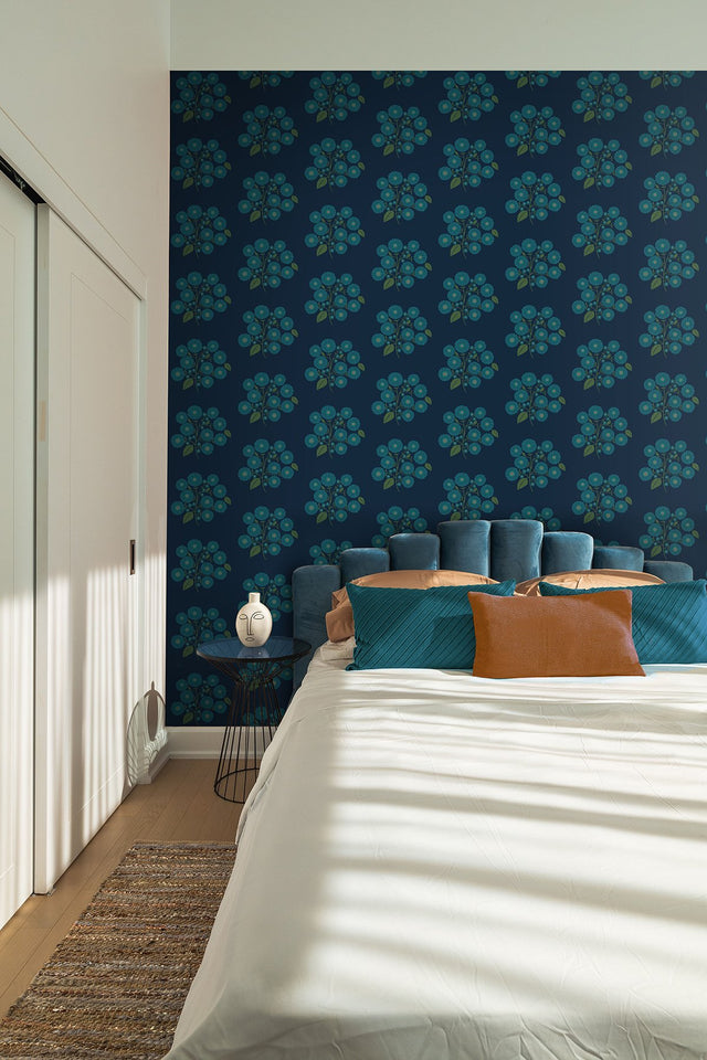 StrawFlower Navy Aqua Peel & Stick Wallpaper with Botanical Bohemian Floral Pattern - NuWallpaper JHS5030