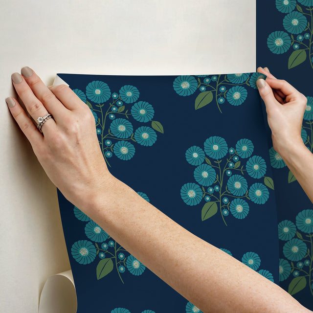 StrawFlower Navy Aqua Peel & Stick Wallpaper with Botanical Bohemian Floral Pattern - NuWallpaper JHS5030