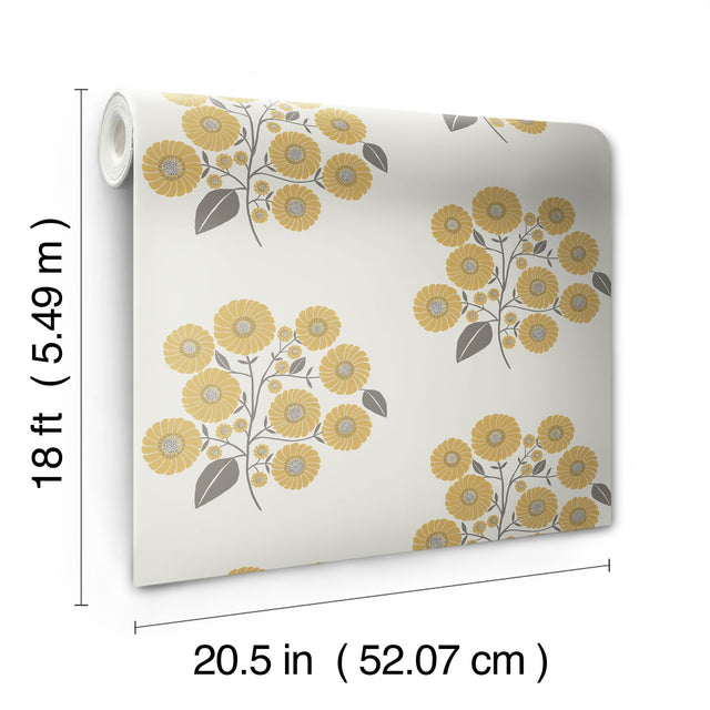 StrawFlower Mustard Grey Peel & Stick Wallpaper with Bohemian Botanical Floral Pattern - JHS5031