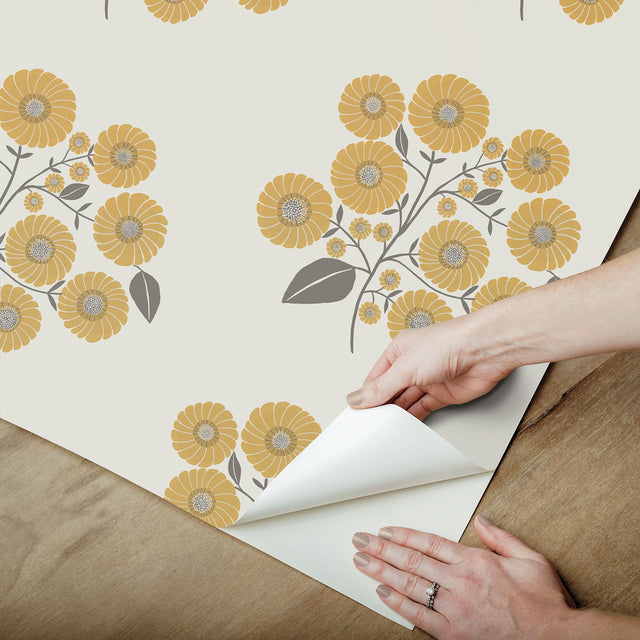 StrawFlower Mustard Grey Peel & Stick Wallpaper with Bohemian Botanical Floral Pattern - JHS5031