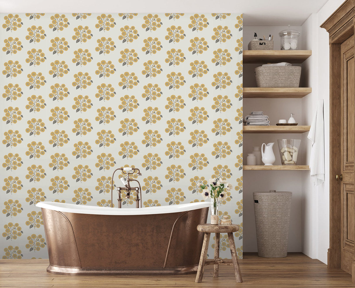 StrawFlower Mustard Grey Peel & Stick Wallpaper with Bohemian Botanical Floral Pattern - JHS5031