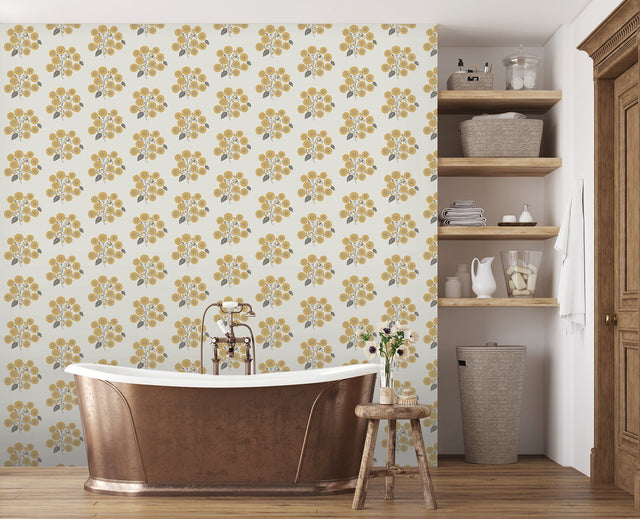 StrawFlower Mustard Grey Peel & Stick Wallpaper with Bohemian Botanical Floral Pattern - JHS5031