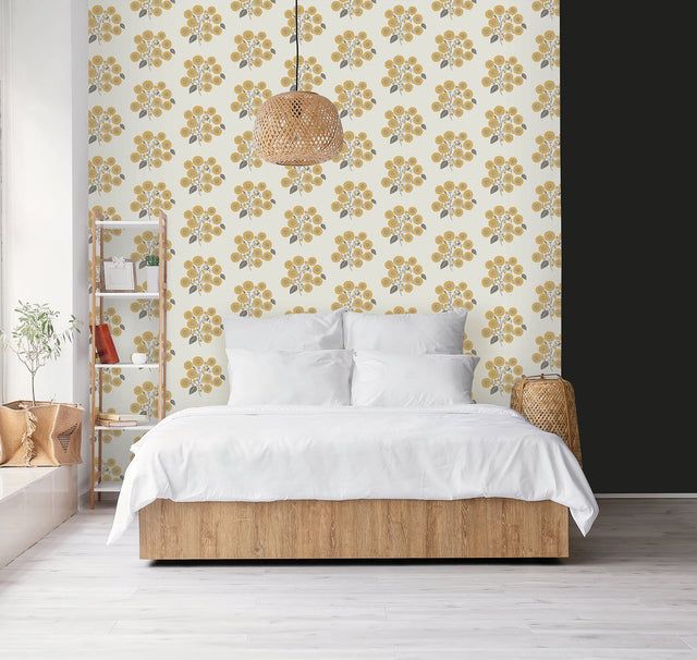 StrawFlower Mustard Grey Peel & Stick Wallpaper with Bohemian Botanical Floral Pattern - JHS5031