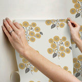 StrawFlower Mustard Grey Peel & Stick Wallpaper with Bohemian Botanical Floral Pattern - JHS5031
