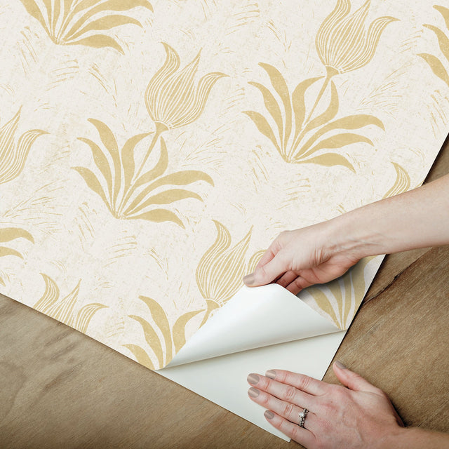 Parrot Tulip Mustard Peel & Stick Wallpaper with Botanical Floral Pattern, Bohemian Style - JHS5032