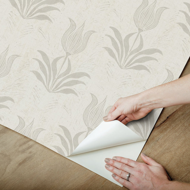 Parrot Tulip Grey Peel & Stick Wallpaper with Botanical Floral Motif, Bohemian Style - NuWallpaper JHS5033