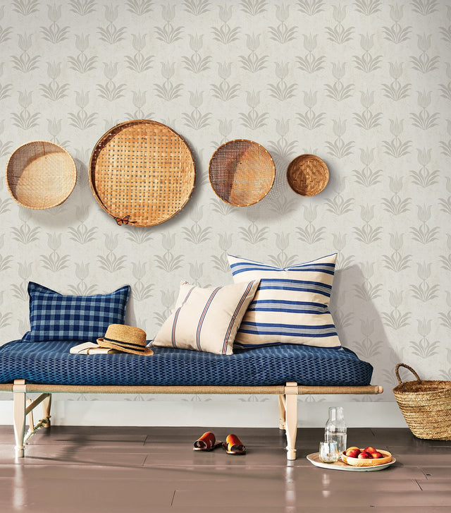 Parrot Tulip Grey Peel & Stick Wallpaper with Botanical Floral Motif, Bohemian Style - NuWallpaper JHS5033