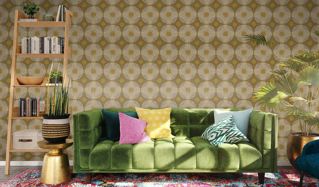 Superbloom Mustard Peel & Stick Wallpaper with Bohemian Medallions - NuWallpaper JHS5035