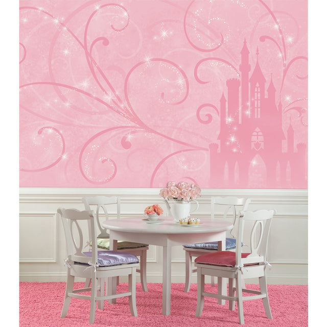 Princess Scroll Castle Pink Chair Rail Prepasted Wall Mural with Sparkling Swirl Castle Pattern - York JL1316M