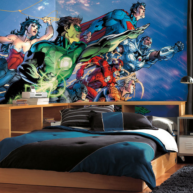 Justice League Multicolor XL Chair Rail Wall Mural with Licensed Superhero Novelty Kids Style - York JL1380M