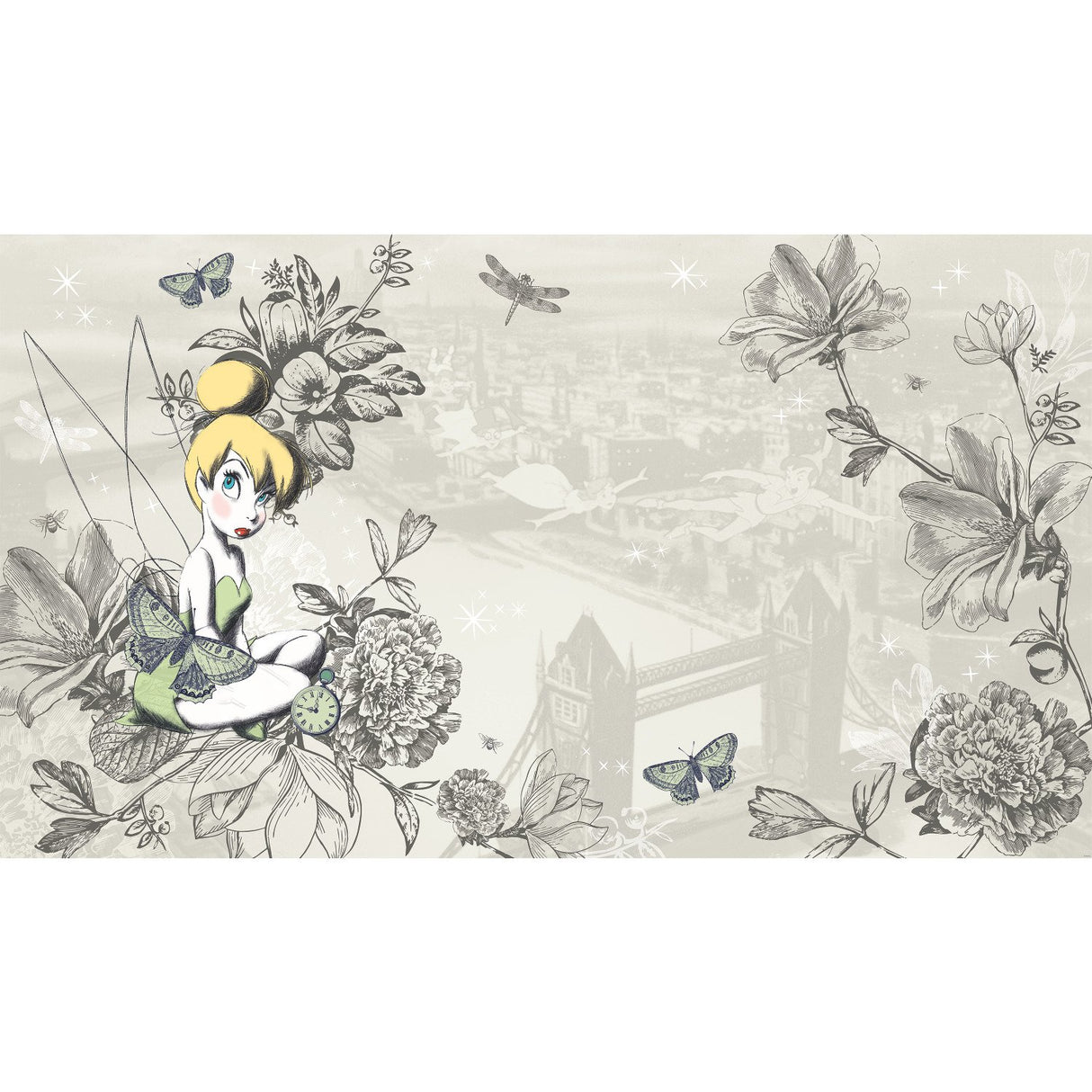 Disney Fairies Vintage Tinker Bell Grey XL Chair Rail Wall Mural with Whimsical Novelty Pattern - York JL1383M