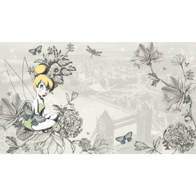 Disney Fairies Vintage Tinker Bell Grey XL Chair Rail Wall Mural with Whimsical Novelty Pattern - York JL1383M