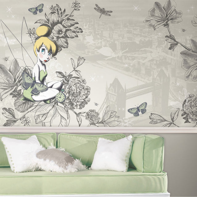Disney Fairies Vintage Tinker Bell Grey XL Chair Rail Wall Mural with Whimsical Novelty Pattern - York JL1383M