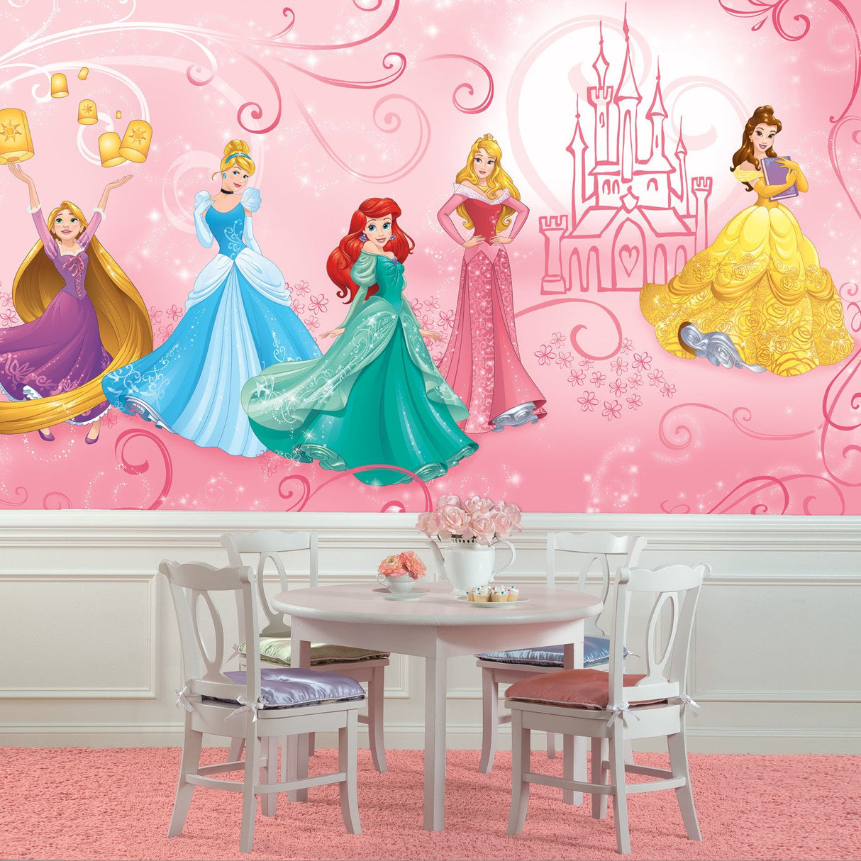 Disney Princess Enchanted Pink XL Chair Rail Wall Mural with Princesses & Castle Motif - York JL1388M
