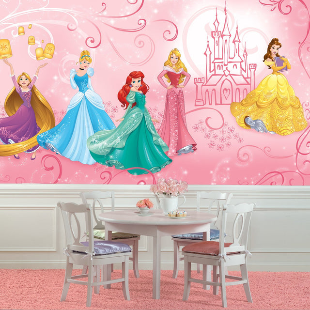 Disney Princess Enchanted Pink XL Chair Rail Wall Mural with Princesses & Castle Motif - York JL1388M