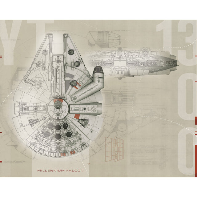 Star Wars Millennium Falcon Multicolor Wall Mural with Sketch Blueprint Motif - York JL1401M