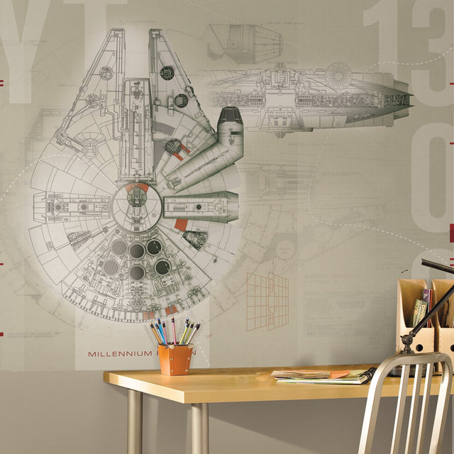 Star Wars Millennium Falcon Multicolor Wall Mural with Sketch Blueprint Motif - York JL1401M