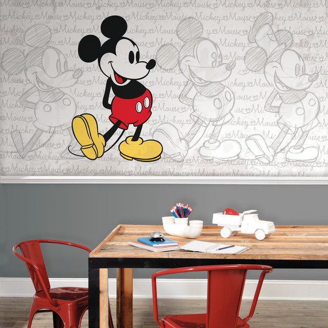Classic Mickey XL Chair Rail Multicolor Wallpaper Mural with Sketch Motif - York JL1404M