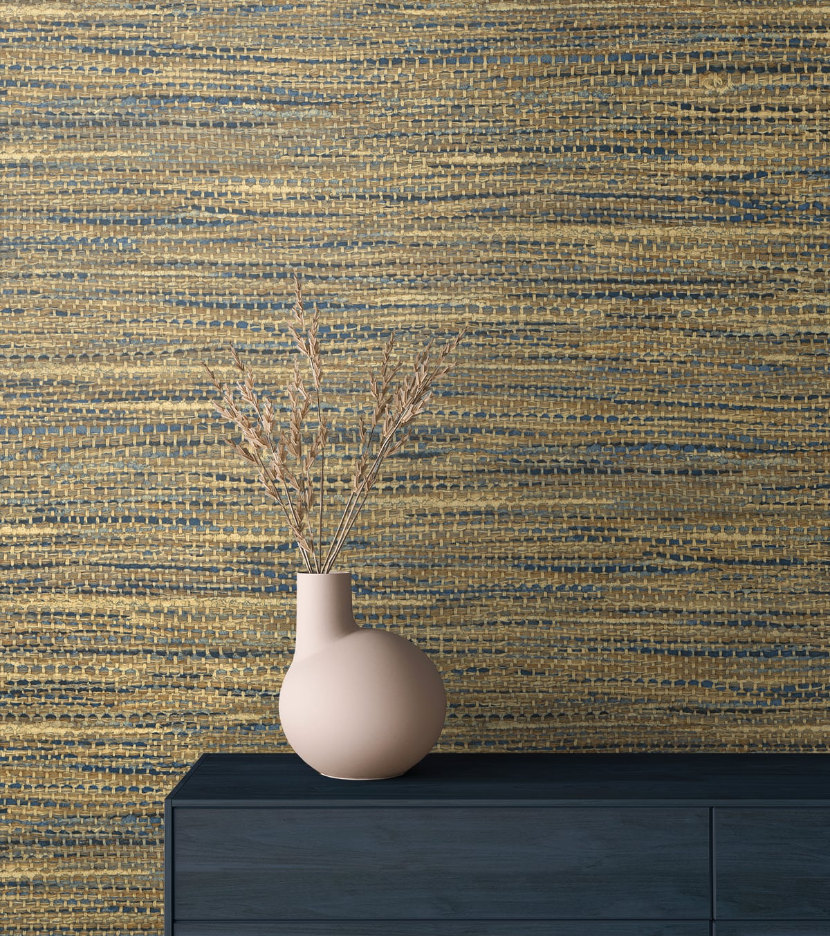 Rina Honey & Navy by Japandi Style Faux Grasscloth Wallpaper – Seabrook Designs JP10325
