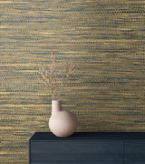 Rina Honey & Navy by Japandi Style Faux Grasscloth Wallpaper – Seabrook Designs JP10325