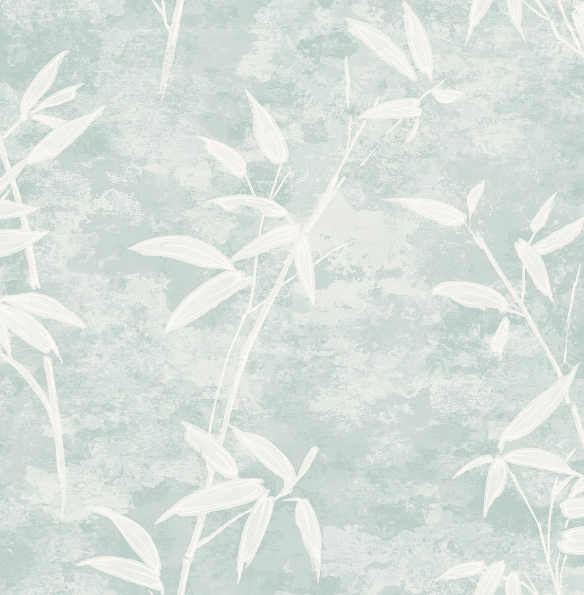 Honshu Bamboo wallpaper in a soft blue (Lakeside) with white bamboo leaf silhouettes and a mottled matte background.