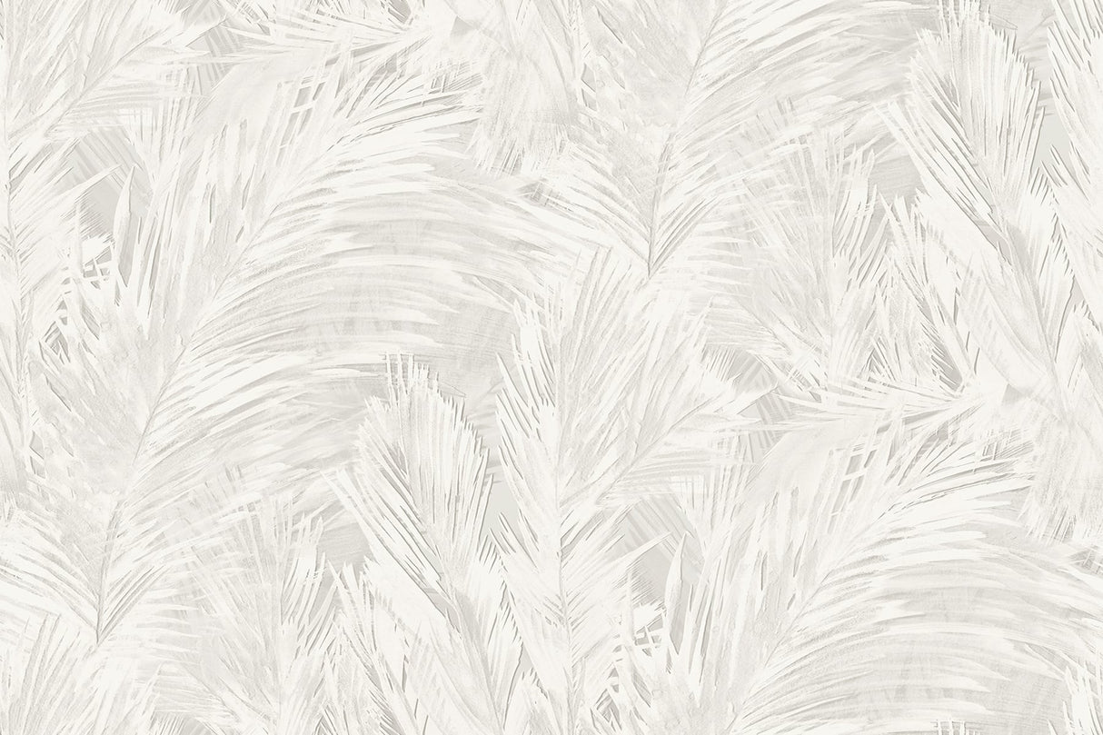 Mari wallpaper in Fog, a soft grey botanical frond pattern with a matte finish.